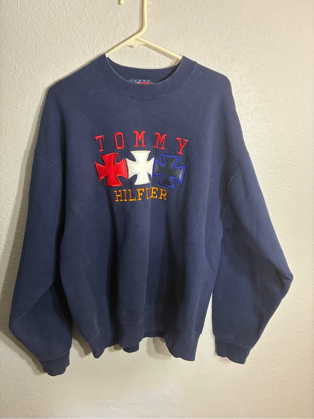 Vintage Tommy Hilfiger Navy Crewneck Sweater with Embroidered Crest